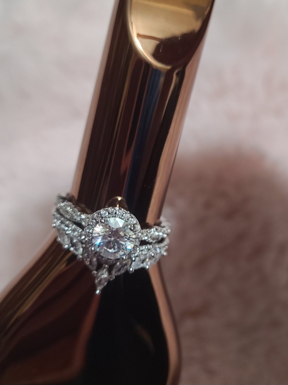 Silver Halo Round Moissanite Bridal Ring Set - Silver